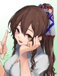 Rule 34 | 1girl, ashigara (kancolle), blush, breasts, brown eyes, brown hair, cleavage, commentary, dated, dress shirt, gradient background, green background, hair between eyes, highres, kanji, kantai collection, large breasts, long hair, one-hour drawing challenge, open mouth, ponytail, shirt, solo, twitter username, umibudou, upper body, white shirt