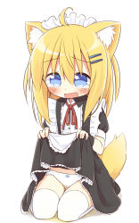 Rule 34 | 1girl, absurdres, animal ears, apron, ayanepuna, black dress, blonde hair, blue eyes, blush, borrowed character, clothes lift, dog ears, dog tail, dress, dress lift, highres, lifted by self, long hair, maid, open mouth, original, panties, pee, peeing, peeing self, sitting, solo, tail, tears, thighhighs, underwear, wet, wet clothes, wet panties, white panties, white thighhighs