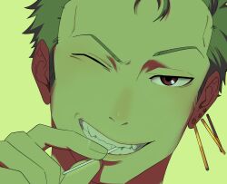 1boy absurdres brown_eyes close-up commentary dandadan earrings fangs gold_earrings green_background green_hair grin highres holding jewelry looking_at_viewer male_focus one_eye_closed one_piece pinoppll roronoa_zoro short_hair smile solo teeth upper_body