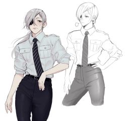 Rule 34 | 1girl, bad id, bad twitter id, black eyes, chainsaw man, eyepatch, formal, hand on own hip, izeichan, long hair, necktie, office lady, quanxi (chainsaw man), shirt, solo, suit, white background, white hair, white shirt