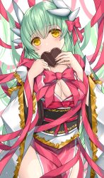 Rule 34 | 1girl, blush, bow, breasts, candy, chocolate, chocolate heart, cleavage, closed mouth, commentary request, dragon girl, dragon horns, fate/grand order, fate (series), food, green hair, hair bow, hair ornament, heart, highres, holding, holding chocolate, holding food, horns, japanese clothes, kiyohime (fate), large breasts, long hair, long sleeves, looking at viewer, morizono shiki, pink bow, pink ribbon, ribbon, sash, smile, solo, wide sleeves, yellow eyes