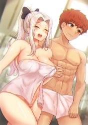Rule 34 | 1boy, 1girl, :d, ^ ^, abs, black bow, blush, bow, breasts, closed eyes, closed mouth, commentary request, embarrassed, emiya shirou, closed eyes, fate/stay night, fate/zero, fate (series), hair bow, highres, irisviel von einzbern, large breasts, long hair, muscular, muscular male, naked towel, navel, open mouth, ponytail, red hair, reijgr (ff9999x), round teeth, short hair, smile, teeth, time paradox, towel, upper teeth only, wavy mouth, white hair