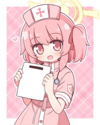 Rule 34 | 1girl, :d, blue archive, blush, dress, hair ribbon, halo, hands up, hat, heart, highres, holding, looking at viewer, naga u, nurse, nurse cap, one side up, open mouth, pink background, pink dress, pink eyes, pink hair, pink hat, plaid, plaid background, red ribbon, ribbon, serina (blue archive), serina (nurse) (blue archive), short sleeves, smile, solo, stethoscope