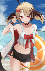 1girl :d ahoge beach bikini bikini_shorts black_choker black_shorts blonde_hair blue_sky breasts brown_hair choker claw_pose cleavage cloud commentary day english_commentary frilled_bikini frills gigi_murin hair_ornament hairclip hand_up highres holding holding_swim_ring hololive hololive_english innertube jacket looking_at_viewer multicolored_hair official_alternate_costume open_clothes open_jacket open_mouth outdoors pink_eyes short_hair short_twintails shorts shuuzo3 sky smile solo swim_ring swimsuit tail thigh_strap twintails two-tone_hair virtual_youtuber white_bikini white_jacket x_hair_ornament