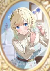 Rule 34 | 1girl, aizawa ema, belt, blonde hair, blue eyes, blue flower, blue nails, blunt bangs, blush, breasts, brown belt, center frills, collar, earrings, fingernails, flower, flower earrings, frilled collar, frilled sleeves, frills, gradient hair, hair flaps, hair flower, hair ornament, highres, jewelry, large breasts, leaning forward, looking at viewer, mirror, multicolored hair, nail polish, picture frame, primamiya, purple flower, reflection, short hair, smile, solo, vase, virtual youtuber, vspo!, white flower