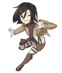 Rule 34 | 1girl, black hair, boots, brown eyes, buckle, full body, jacket, mikasa ackerman, one eye closed, open mouth, out of character, outstretched hand, pants, poaro, scarf, shingeki no kyojin, shirt, solo, strap, transparent background, v, white shirt, wink