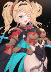 Rule 34 | 1girl, ;d, aqua eyes, black background, black hairband, black leotard, blonde hair, blush, breasts, brown gloves, commentary request, covered navel, gloves, granblue fantasy, groin, hair intakes, hairband, highres, leotard, long hair, looking at viewer, medium breasts, one eye closed, open mouth, smile, solo, thighs, twintails, uneg, zeta (granblue fantasy)