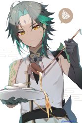 Rule 34 | 1boy, ahoge, almond tofu (genshin impact), arm guards, arm tattoo, asymmetrical clothes, azna, bead necklace, beads, black hair, detached sleeves, diamond-shaped pupils, diamond (shape), eyeshadow, facial mark, food, forehead mark, frown, genshin impact, gloves, green gloves, green hair, highres, holding, holding plate, jewelry, makeup, multicolored hair, necklace, plate, red eyeshadow, serving, short hair, short hair with long locks, shoulder pads, sidelocks, signature, single bare shoulder, single detached sleeve, solo, speech bubble, spilling, sweatdrop, symbol-shaped pupils, tattoo, tofu, twitter username, two-tone hair, xiao (genshin impact), yellow eyes