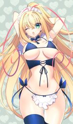 Rule 34 | 1girl, antenna hair, apron, arms behind head, azure striker gunvolt, bare arms, black bra, black thighhighs, blonde hair, bra, breasts, butterfly earrings, commentary request, cross-laced clothes, earrings, green eyes, heart, high ponytail, highres, jewelry, large breasts, leggings, lololotton, lumen (gunvolt), maid headdress, multicolored hair, navel, nearly naked apron, one eye closed, panties, pink hair, revealing clothes, side-tie panties, solo, thighhighs, two-tone hair, underwear