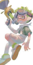 Rule 34 | 1boy, ankle socks, commentary request, goggles, goggles on head, green eyes, green hair, green shirt, green socks, grin, highres, holding, holding weapon, inkling, inkling boy, inkling player character, male focus, nintendo, orange eyes, overalls, pointy ears, scarf, shirt, short hair, short sleeves, shorts, smile, socks, solo, spiked hair, splatoon (series), splatoon 3, sploosh-o-matic (splatoon), suspenders, teeth, tiripow, two-tone eyes, weapon, white background, white overalls, white scarf