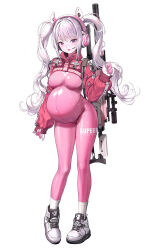 Rule 34 | 1girl, :d, absurdres, alice (nikke), animal ear headphones, animal ears, big belly, blush, bodysuit, breasts, commentary, cropped jacket, dduck kong, fake animal ears, flatculture, full body, gloves, goddess of victory: nikke, grey hair, groin, gun, gun on back, headphones, headset, highres, inflation, jacket, long hair, long sleeves, looking at viewer, medium breasts, official art, open mouth, pigeon-toed, pink bodysuit, pink eyes, pink gloves, pink headphones, pregnant, puffy long sleeves, puffy sleeves, red jacket, ribbed legwear, rifle, scope, self-upload, shoes, simple background, sleeves past wrists, smile, sniper rifle, socks, solo, tachi-e, third-party edit, twintails, very long hair, weapon, weapon on back, white background, white footwear, white socks