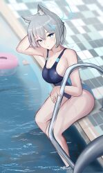 Rule 34 | 1girl, \||/, absurdres, animal ears, blue archive, blue eyes, breasts, cleavage, grey hair, halo, hand on railing, highres, large breasts, looking at viewer, medium breasts, noa9noaa, official alternate costume, shiroko (blue archive), shiroko (swimsuit) (blue archive), short hair, sideboob, solo, tagme, wolf ears