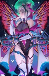Rule 34 | 1girl, bare shoulders, boots, breasts, bridal gauntlets, bug, butterfly, butterfly wings, cleavage, commentary, covered navel, doiparuni, english commentary, facial mark, fairy wings, fire emblem, fire emblem heroes, flower, forehead mark, full moon, grey hair, grin, groin, hair flower, hair ornament, highres, insect, insect wings, large breasts, long hair, moon, multicolored wings, night, night sky, nintendo, official alternate costume, pelvic curtain, plant hair, plumeria (fire emblem), plumeria (rapturous dream) (fire emblem), pointy ears, ponytail, sideboob, sky, smile, solo, thigh boots, thighhighs, thorns, very long hair, white footwear, wings