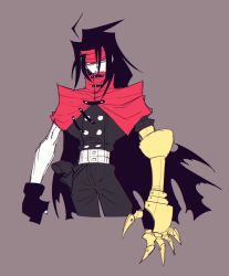 Rule 34 | 1boy, absurdres, ahoge, black hair, cape, clawed gauntlets, cloak, dirge of cerberus final fantasy vii, final fantasy, final fantasy vii, fingerless gloves, frown, gauntlets, gloves, headband, highres, ianoquinnzel, long hair, looking at viewer, male focus, red eyes, simple background, solo, torn cape, torn cloak, torn clothes, turks (ff7), vincent valentine, weapon