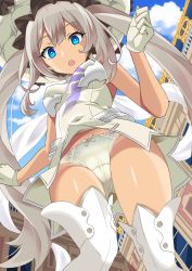 Rule 34 | 1girl, blue eyes, boots, breasts, cameltoe, dress, fate/grand order, fate (series), from below, gloves, grey hair, highres, large hat, long hair, marie antoinette (fate), marie antoinette (third ascension) (fate), medium breasts, outdoors, panties, shimouki izui, short dress, sleeveless, sleeveless dress, solo, standing, thigh boots, twintails, underwear, upskirt, very long hair, white dress, white footwear, white gloves, white headwear, white panties