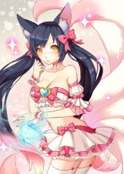 Rule 34 | 1girl, ahri (league of legends), alternate costume, alternate hairstyle, animal ears, bare shoulders, blue hair, breasts, cleavage, facial mark, fox ears, fox girl, fox tail, garter straps, heart, heart-shaped pupils, highres, large breasts, league of legends, long hair, magical girl, midriff, miniskirt, multiple tails, nail polish, navel, off shoulder, skirt, solo, symbol-shaped pupils, tail, thighhighs, twintails, very long hair, whisker markings, whitehee93, yellow eyes, zettai ryouiki