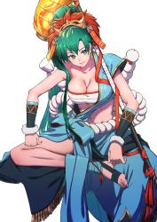 Rule 34 | 1girl, aduti momoyama, bandages, bandeau, blue shirt, blue skirt, breasts, chest sarashi, cleavage, earrings, fire emblem, fire emblem: the blazing blade, fire emblem heroes, green eyes, green hair, hair between eyes, head tilt, highres, jewelry, large breasts, long hair, looking at viewer, lyn (fire emblem), mask, mask on head, midriff, navel, nintendo, ponytail, rope belt, sarashi, shirt, simple background, single-shoulder shirt, single bare shoulder, single sleeve, sitting, skirt, smile, solo, stomach, strapless, tube top, very long hair, white background