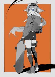 Rule 34 | 1girl, aciddrop (arknights), ahoge, arknights, black gloves, blue eyes, eyewear on head, from behind, gloves, highres, jacket, low ponytail, orange background, partially colored, pouch, shorts, skateboard, smile, sunglasses, thigh pouch, thighhighs, twitter username, yonezoudazo