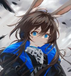 Rule 34 | 1girl, amiya (arknights), animal ears, arknights, black coat, blood, blood on face, blue choker, blue eyes, brown hair, choker, closed mouth, cloud, cloudy sky, coat, day, feathers, grey necktie, highres, injury, long hair, looking at viewer, low ponytail, motion blur, necktie, official alternate costume, outdoors, rabbit ears, sidelocks, sky, solo, spacelongcat, striped necktie, upper body, wing collar