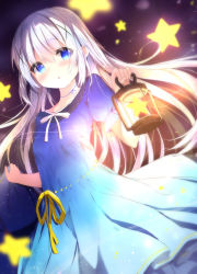 Rule 34 | 1girl, blue dress, blue eyes, blurry, blurry background, blush, breasts, chestnut mouth, collarbone, commentary request, depth of field, dress, gochuumon wa usagi desu ka?, hair between eyes, hair ornament, highres, holding, holding lantern, kafuu chino, kouda suzu, lantern, long hair, looking at viewer, parted lips, pleated dress, puffy short sleeves, puffy sleeves, ribbon, short sleeves, skirt hold, small breasts, solo, star (symbol), very long hair, white hair, white ribbon, x hair ornament, yellow ribbon