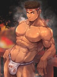 Rule 34 | 1boy, abs, against railing, arm support, bara, blurry, brown eyes, brown hair, bulge, chest hair, collarbone, commentary request, covered penis, cowboy shot, crew cut, depth of field, dripping, f-una, facial hair, fundoshi, goatee, hachimaki, headband, highres, japanese clothes, large pectorals, leaning back, leg hair, looking at viewer, male focus, male pubic hair, male underwear, muscular, muscular male, navel, navel hair, nejiri hachimaki, night, nipples, original, outdoors, pectorals, pubic hair, pubic hair peek, railing, see-through, shiny skin, short hair, shorts tan, sideburns, smile, solo, sparse chest hair, spiked hair, standing, steaming body, tan, tanline, underwear, underwear only, veins, veiny arms, veiny crotch, veiny hands, veiny thighs, wet, wooden railing