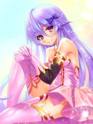 Rule 34 | 1girl, blue bow, blue hair, bow, collarbone, detached sleeves, dress, eyebrows, gloves, hair between eyes, hair bow, highres, long hair, looking at viewer, pink dress, pink gloves, pink thighhighs, red eyes, shinki kakusei melty maiden, sitting, smile, solo, strapless, strapless dress, thighhighs, yanagiya hajime