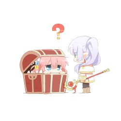 Rule 34 | 2girls, ?, blue eyes, bocchi the rock!, boots, brown footwear, capelet, chibi, commentary request, crossover, cube hair ornament, dress, earrings, elf, frieren, gotoh hitori, green eyes, hair ornament, holding, holding staff, in container, jewelry, long hair, long sleeves, looking at another, mimic, mimic chest, multiple girls, one side up, peeking out, pink hair, pointy ears, rebecca (keinelove), simple background, sousou no frieren, staff, standing, sweatdrop, treasure chest, turn pale, twintails, white background, white capelet, white dress, white hair