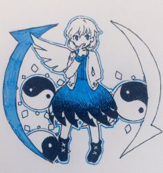 Rule 34 | arm behind back, blue theme, collared shirt, commentary request, finger to mouth, flat chest, full body, jacket, kaigen 1025, kishin sagume, long sleeves, monochrome, open clothes, open jacket, orb, shirt, short hair, simple background, single wing, skirt, touhou, white background, wings, yin yang