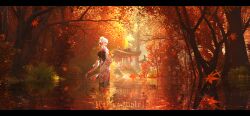 Rule 34 | 1girl, absurdres, architecture, arms at sides, autumn, autumn leaves, blush, bush, day, east asian architecture, english text, falling leaves, floral print, forest, hair between eyes, hair bun, highres, japanese clothes, kimono, landscape, leaf, letterboxed, lifeline (a384079959), long sleeves, maple leaf, maple tree, nature, obi, original, outdoors, plant, pond, print kimono, reflection, reflective water, sash, scenery, short hair, shrine, sidelocks, solo, stairs, tree, walking, white hair, white kimono, wide shot, wide sleeves