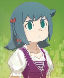 Rule 34 | 1girl, 90millimetri, blue hair, bow, braid, commentary, constanze amalie von braunschbank-albrechtsberger, dot nose, dress, expressionless, green background, green eyes, hair bow, little witch academia, looking to the side, pinafore dress, puffy short sleeves, puffy sleeves, purple dress, red bow, shirt, short hair, short sleeves, side braid, sleeveless, sleeveless dress, solo, thick eyebrows, upper body, white shirt