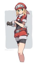 Rule 34 | 1girl, artist name, belt, black gloves, blonde hair, commentary, gloves, green eyes, hat, highres, huanxiang huifeng, medium hair, mega man (series), mega man legends (series), pointy nose, red shorts, removing glove, roll caskett (mega man), shorts, simple background, solo, standing, sweat, two-tone background, wrench