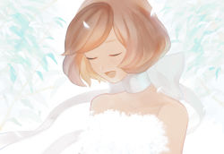 Rule 34 | 1girl, alternate costume, bare shoulders, bouquet, bow, brown hair, choker, closed eyes, flower, happy, kane, kojijima, leaf, looking down, meiko (vocaloid), open mouth, petals, ribbon, ribbon choker, short hair, solo, swept bangs, vocaloid