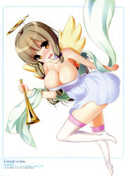 Rule 34 | 10s, 1girl, absurdres, angel wings, bare shoulders, blonde hair, book, breasts, brown eyes, cleavage, collarbone, dress, fake halo, female focus, hair ribbon, halo, highres, horn (instrument), instrument, jinsei, kujou fumi, large breasts, mole, mole under eye, nanase meruchi, official art, open mouth, ribbon, scan, shawl, short sleeves, simple background, skindentation, smile, solo, thighhighs, tress ribbon, white background, white dress, white thighhighs, wings
