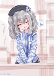 Rule 34 | 10s, 1girl, :d, ^ ^, blush, clerk, closed eyes, dress shirt, employee uniform, hat, head tilt, kantai collection, kashima (kancolle), lawson, long sleeves, looking at viewer, md5 mismatch, open mouth, resized, resolution mismatch, shirt, silver hair, smile, solo, source larger, souryu, striped clothes, striped shirt, twintails, uniform, v arms, wavy hair