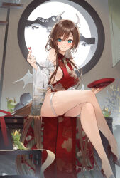 Rule 34 | 1girl, alcohol, bare legs, blue eyes, blush, breasts, brown hair, china dress, chinese clothes, closed mouth, commentary request, crossed legs, cup, detached sleeves, dress, drinking glass, egasumi, finger heart, hair between eyes, hair ornament, hairclip, high heels, holding, holding cup, horns, hu kotora, indoors, large breasts, legs, long hair, long sleeves, looking at viewer, low wings, nail polish, original, pointy ears, red dress, red footwear, red nails, round window, sakazuki, shoes, sideboob, sitting, sleeveless, sleeveless dress, smile, solo, thighs, very long hair, white sleeves, white wings, wide sleeves, window, wings