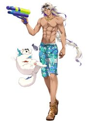 Rule 34 | 1boy, abs, bandana, blue bandana, blue hair, braid, cat, chain paradox, colored inner hair, crab, earrings, eyewear on head, highres, ishihama, jewelry, long hair, male focus, male swimwear, multicolored hair, navel, necklace, pectorals, sacabambaspis, sandals, smile, solo, standing, sunglasses, super soaker, swim trunks, tan, tectorum gibelio, toned, transparent background, very long hair, white hair, yellow eyes