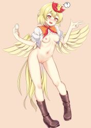 Rule 34 | 1girl, ?, @ @, akasaka sato, animal, animal on head, bird, bird on head, bird tail, bird wings, blonde hair, blush, boots, breasts, brown background, brown footwear, chick, cleft of venus, egg, full body, hair between eyes, multicolored hair, navel, nipples, niwatari kutaka, nude, on head, open mouth, pussy, pussy juice, red eyes, red hair, short hair, simple background, small breasts, solo, spoken question mark, tail, touhou, two-tone hair, wings, yellow wings