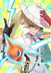 Rule 34 | 1girl, absurdres, asymmetrical gloves, black gloves, bossan 3310, cane, creatures (company), electric miku (project voltage), electricity, game freak, gen 4 pokemon, gloves, green eyes, hand on headwear, hat, hatsune miku, highres, holding, holding cane, lightning bolt symbol, long hair, mismatched gloves, multicolored hair, nintendo, poke ball, pokemon, project voltage, red gloves, rotom, rotom (normal), smile, twintails, two-tone hair, very long hair, vocaloid, waist poke ball