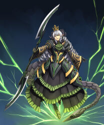 Rule 34 | 1girl, armored boots, ascot, black dress, boots, crown, double-blade, dress, drill hair, frilled dress, frills, full body, glaive (polearm), green eyes, grey hair, highres, holding, holding polearm, holding weapon, horns, long hair, monster girl, original, pointy ears, polearm, solo, substance20, tail, weapon, wide sleeves