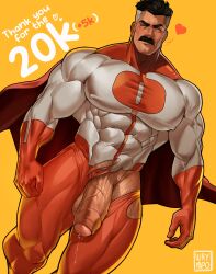 Rule 34 | 1boy, abs, absurdres, bara, black hair, bodysuit, cape, commentary, english commentary, facial hair, gloves, half-erect, highres, invincible (series), large pectorals, looking at viewer, male focus, male pubic hair, mature male, multicolored hair, muscular, muscular male, mustache, nolan grayson, omni-man, pectorals, penis, pubic hair, red bodysuit, red cape, red gloves, short hair, solo, thick eyebrows, thick thighs, thighs, torn bodysuit, torn clothes, two-tone bodysuit, two-tone hair, uncensored, waympo, white hair