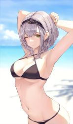Rule 34 | 1girl, absurdres, armpits, arms behind head, arms up, bare arms, bare shoulders, beach, bikini, black bikini, breasts, cleavage, closed mouth, cowboy shot, criss-cross halter, day, green eyes, hairband, halterneck, highres, hololive, leviathan (hikinito0902), looking at viewer, medium breasts, navel, one eye closed, outdoors, shirogane noel, short hair, silver hair, smile, solo, standing, stomach, string bikini, swimsuit, virtual youtuber