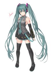 Rule 34 | 1girl, asurada yui, black footwear, black skirt, blouse, blue eyes, blue hair, blue nails, blue necktie, boots, closed mouth, collared shirt, derivative work, detached sleeves, floating hair, grey shirt, grey sleeves, hair between eyes, hair ornament, hatsune miku, headphones, headset, highres, long hair, long sleeves, microphone, miniskirt, nail polish, necktie, number tattoo, pleated skirt, shirt, shoulder tattoo, signature, simple background, skirt, sleeveless, sleeveless shirt, smile, solo, standing, tattoo, thigh boots, thighhighs, twintails, very long hair, vocaloid, white background, wing collar, zettai ryouiki