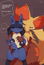 Rule 34 | 1boy, 1girl, absurdres, animal ear fluff, animal ears, animal hands, animal nose, artist name, blue fur, blush, body fur, brown eyes, closed eyes, closed mouth, creatures (company), delphox, english text, erection, facing viewer, fang, foreskin, fox ears, fox tail, furry, furry female, furry male, furry with furry, game freak, gen 4 pokemon, gen 6 pokemon, half-closed eyes, highres, honey calamari, large penis, large testicles, looking at another, lucario, multicolored fur, nintendo, open mouth, penis, penis grab, penis growth, pokemon, pokemon (creature), red fur, size difference, snout, speech bubble, spikes, standing, tail, talking, testicles, uncensored, wolf ears, yellow fur