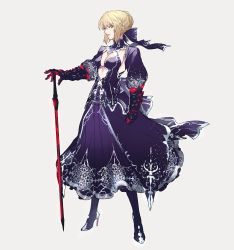 Rule 34 | 1girl, artoria pendragon (all), artoria pendragon (fate), blonde hair, blue dress, blue ribbon, boots, braid, breasts, clenched hand, commentary request, dress, excalibur morgan (fate), fate/stay night, fate (series), full body, gauntlets, grey background, hair bun, hair ribbon, hand on hilt, high heel boots, high heels, highres, legs apart, looking at viewer, medium breasts, parted lips, puffy sleeves, ribbon, saber alter, simple background, single hair bun, solo, standing, tenobe, yellow eyes