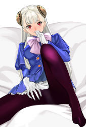 Rule 34 | 1girl, albino, blue dress, capcom fighting jam, commentary request, covering own mouth, dress, hairpods, hand over own mouth, highres, ingrid (capcom), long hair, no shoes, panties, panties under pantyhose, pantyhose, pink ribbon, platinum blonde hair, pleated skirt, purple pantyhose, red eyes, ribbon, skirt, solo, tetsu (kimuchi), underskirt, underwear