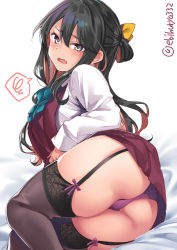 Rule 34 | 1girl, alternate legwear, ass, black hair, black thighhighs, blanket, blouse, blush, bow, bowtie, breasts, ebifurya, fang, garter straps, hair between eyes, highres, indoors, kantai collection, lace, lace-trimmed legwear, lace trim, large breasts, long hair, long sleeves, looking at viewer, multicolored hair, naganami (kancolle), open mouth, panties, pantyshot, pink hair, pink panties, pleated skirt, school uniform, shirt, simple background, sitting, skirt, solo, thigh strap, thighhighs, thighs, twitter username, two-tone hair, underwear, white background, white shirt