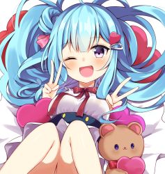 Rule 34 | 1girl, ;d, bed sheet, blue hair, blush, bow, breasts, commentary request, double v, feet out of frame, hair between eyes, hair bun, hair ornament, hairclip, hands up, heart, heart hair ornament, knees together feet apart, knees up, long hair, lying, maki soutoki, on back, one eye closed, open mouth, original, purple eyes, red bow, shirt, single hair bun, skirt, small breasts, smile, solo, stuffed animal, stuffed toy, teddy bear, v, white shirt, white skirt