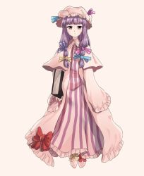 Rule 34 | 1girl, book, capelet, dress, embodiment of scarlet devil, expressionless, frilled dress, frills, hair ribbon, hat, hat ribbon, holding, holding book, long hair, mob cap, patchouli knowledge, purple eyes, purple hair, ribbon, rion (glayjirobass), simple background, striped clothes, striped dress, touhou