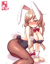 Rule 34 | 1girl, alternate costume, animal ears, artist logo, black leotard, blush, bow, bowtie, braid, breasts, brown eyes, brown pantyhose, cleavage, cloud hair ornament, commentary request, dated, detached collar, fake animal ears, gradient hair, highres, kanon (kurogane knights), kantai collection, large breasts, leotard, light brown hair, long hair, looking at viewer, minegumo (kancolle), multicolored hair, one eye closed, pantyhose, playboy bunny, rabbit ears, rabbit tail, red bow, red bowtie, red eyes, revision, simple background, solo, strapless, strapless leotard, tail, twin braids, white background, wrist cuffs