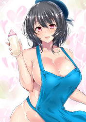 Rule 34 | 10s, 1girl, absurdres, apron, baby bottle, bare shoulders, beret, black hair, blue apron, blush, bottle, breasts, buttons, cleavage, collarbone, eyebrows, groin, hand up, hat, heart, heart background, highres, holding, holding bottle, kantai collection, large breasts, looking at viewer, naked apron, open mouth, pink eyes, red eyes, sankakusui, short hair, sideboob, smile, solo, takao (kancolle)